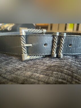Women's Black Leather Belt with Braided Silver Buckle Detail